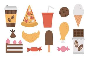Set of vector junk food and drink icons. Ice-cream, pizza, sweet products, chocolate, candy, pastry illustration isolated on white background. Flat hand drawn unhealthy nutrition clipart.