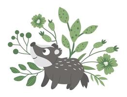 Vector hand drawn flat baby badger with leaves, twigs and flowers. Funny scene with woodland animal. Cute forest animalistic illustration for children design, print, stationery