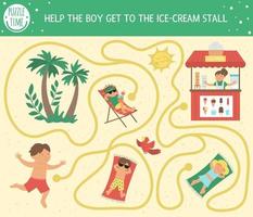 Summer maze for children. Preschool beach holidays activity. Funny puzzle with cute boy, ice-cream stall, sunbathing people. Holiday game for kids. Printable activity with ice cream kiosk