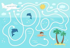 Summer maze for children. Preschool exotic activity. Funny puzzle with cute airplane, swimming boy, dolphins. Help the plane fly to the tropical island. Holiday game for kids. Printable activity vector