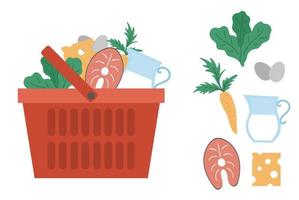 Vector red shopping basket with products icon isolated on white background. Plastic shop cart with vegetables, fish, dairy milk products. Healthy food illustration