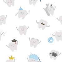 patrón sin costuras con lindos dientes kawaii. fondo vectorial con iconos de dientes para el diseño de los niños. divertido papel digital de cuidado dental para niños. textura de clínica de bebé dentista con concepto de higiene bucal vector