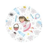 Vector round frame with cute tooth fairy. Card template with kawaii fantasy princess, funny smiling toothbrush, baby, molar, toothpaste, teeth. Funny dental care picture for kids framed in circle.