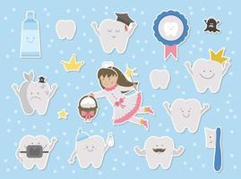 Cute tooth fairy stickers set. Kawaii fantasy princess with funny smiling toothbrush, molar, medal, toothpaste, teeth. Funny dental care picture for kids. Dentist baby clinic clipart vector