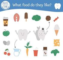 Dental care matching activity with cute teeth and different products. Preschool tooth care puzzle. Cute mouth hygiene educational game for kids. Healthy and unhealthy food printable worksheet. vector