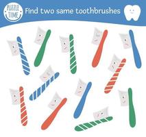 Find two same toothbrushes. Dental care themed matching activity for preschool children with cute elements. Funny mouth hygiene game for kids. Printable worksheet with funny kawaii tooth brush. vector