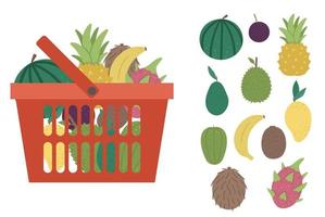 Vector red shopping basket with products icon isolated on white background. Plastic shop cart with tropical fruit and berry. Healthy exotic food illustration