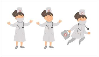 Vector woman doctors in medical hat and mask with stethoscope. Cute funny hospital, clinic or emergency service character. Medicine picture for children. Healthcare icons set