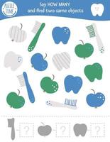Counting game with dental care symbols. Mouth hygiene math activity for preschool children. How many objects worksheet. Educational riddle with cute funny teeth, apple, toothbrush. vector