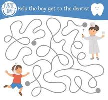 Dental care maze for children. Preschool medical activity. Funny puzzle game with cute doctor and child with aching tooth. Help the boy get to the dentist. Mouth hygiene labyrinth for kids