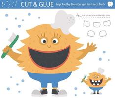 Vector dental care cut and glue activity for children. Tooth hygiene educational game with cute toothy creature. Help the monster get his teeth back.