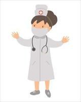 Vector woman doctor in medical hat and mask with stethoscope. Cute funny hospital or clinic character. Medicine picture for children. Healthcare icon isolated on white background