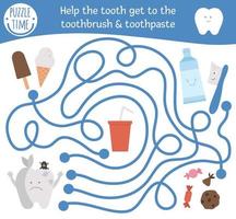Dental care maze for children. Preschool medical activity. Funny puzzle game with cute characters. Help ill tooth get to the toothbrush and toothpaste. Mouth hygiene labyrinth vector