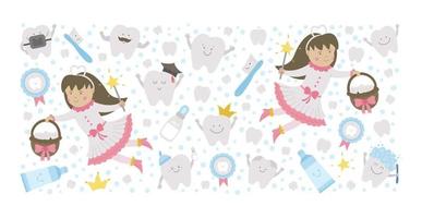 Vector horizontal frame with cute tooth fairy. Card template with kawaii fantasy princess, funny smiling toothbrush, baby, molar, toothpaste, teeth. Funny dental care picture for kids