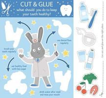 Vector dental care cut and glue activity for children. Tooth hygiene educational game with cute rabbit dentist and healthy teeth habits.