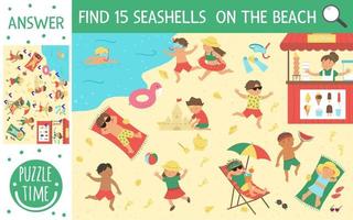 Vector searching game with children playing on the beach and doing summer activities. Find hidden seashells in the sand. Simple fun summer printable activity for kids