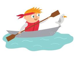 Vector cute kayaking boy. Campfire rafting scene with cute kid in a boat with paddle and seagull. Traveler isolated on white background. Outdoor water activity or summer camp tourist icon.