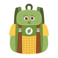 Vector kawaii traveler backpack illustration. Schoolbag clipart. Cute flat style smiling trip bag with eyes. Funny picture for kids