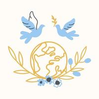 Flying dove and planet earth. Minimalistic illustration for International Day of Peace. Vector