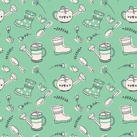 Spring seamless pattern with cute garden tools. Repeating background with watering can, shovel, rubber boots and flowers. Gardening concept. Hand drawn vector illustration