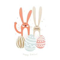 Happy easter cute bunny illustration. Hand drawn funny card with rabbit in cartoon style. Vector
