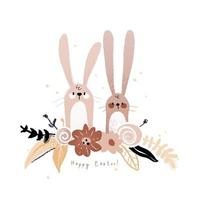 feliz pascua linda ilustración de conejito. tarjeta divertida dibujada a mano con conejo en estilo de dibujos animados. vector