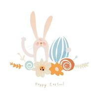 Happy easter cute bunny illustration. Hand drawn funny card with rabbit in cartoon style. Vector