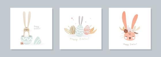 Happy easter card set with cute bunny and eggs. Hand drawn funny illustration with rabbit in cartoon style. Vector