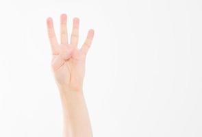 la mano masculina muestra cuatro dedos. gesto. brazo caucásico. Bosquejo. copie el espacio plantilla. blanco. foto