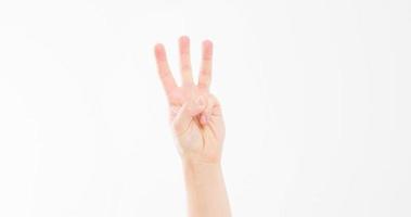 hand show the third, number three sign. isolated on white background. caucasian arm. Mock up. Copy space. Template. Blank. photo