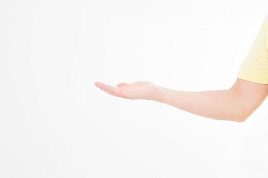 Open man hand, palm up isolated on white background. Front view. Mock up. Copy space. Template. Blank. photo