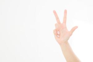 hand showing the sign of victory or peace closeup isolated on white background.Front view. Mock up. Copy space. Template. Blank. photo