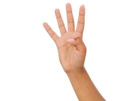 afro american woman's hand shows four fingers,black arm gesture isolated on white background