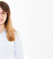 Modern business woman with glasses isolated on white background.Girl in shirt. Copy space,blank photo