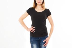 cropped image she likes her classic black shirt isolated on white with clipping path both for background and garment photo