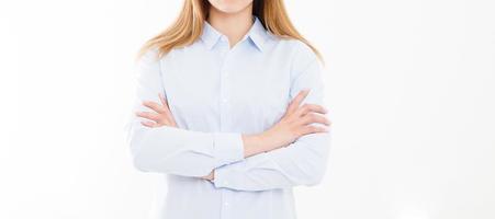 retrato aislado de mujer de negocios, chica con brazos cruzados. joven gerente confiado. copie el espacio foto