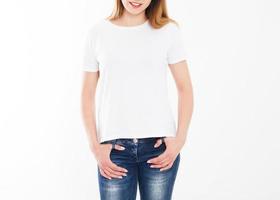 T-shirt design, people concept - closeup of young woman in white shirt, front isolated. Mock up template for design print. Copy space photo