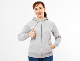 beautiful smile women Gray pullover hoodie mockup, Woman in gray hoodie show like, template for your own design, girl wearing blank grey hoodie on white background photo