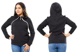 Black pullover with sleeves and hood on a young black woman in jeans isolated over white, front and back. photo