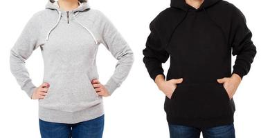 Woman and man in hoodie mock up isolated on white background copy space template. Empty sweatshirt blank template photo