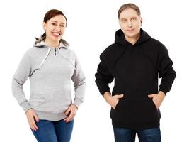 Woman and man in hoodie mock up isolated on white background copy space template. Empty sweatshirt blank template photo