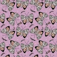 Butterflies seamless pattern in folk style. Hand drawn butterfly and flowers endless wallpaper. Cute flying insect print. Animal folklore motif.