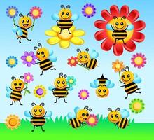 abejas de flores de jardín de primavera de dibujos animados lindo vector