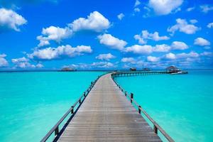 Panoramic landscape of Maldives beach. Tropical panorama, luxury water villa resort with wooden pier or jetty. Luxury travel destination background for summer holiday and vacation concept. photo