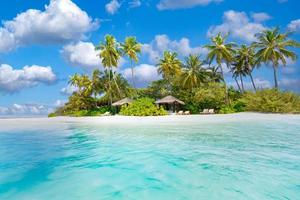 Maldives island beach. Tropical landscape of summer scenery, white sand with palm trees. Luxury travel vacation destination. Exotic beach landscape. Amazing nature, relax, freedom nature template photo