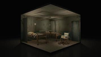 Horror and creepy ward room in the hospital with wheelchair.,3d illustration. photo