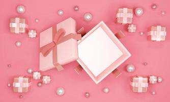 3D Rendering concept of top view of opened gift box showing empty space inside with small presents and geometric elements around in pink theme for commercial design. 3D Render. 3D illustration. photo