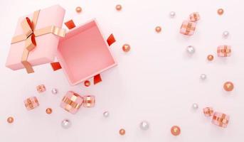 3D Rendering concept of opened gift box top view. Present showing empty space inside with small presents and geometric elements around for commercial design. Valentine's day, mother's day. flat lay. photo