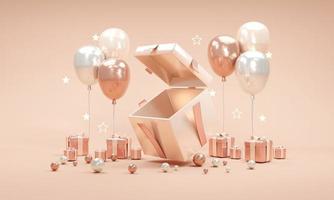 Representación 3d de caja de regalo abierta viendo el interior y globos elemento de confeti de mini regalo y estrella brillante sobre fondo en tema de oro rosa