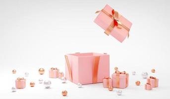 3D Rendering concept of opened gift box. gift box open around with small presents and elements for commercial design. Valentine's day, mother's day background. 3D Render. 3D illustration. Pink theme. photo